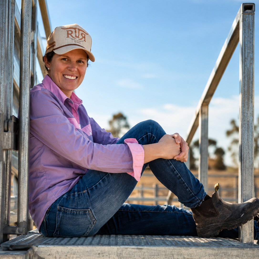 Marlee, owner of Rustic Ridge, sitting on a cattle ramp and leaning on a post wearing their lilac and pink workshirt. 