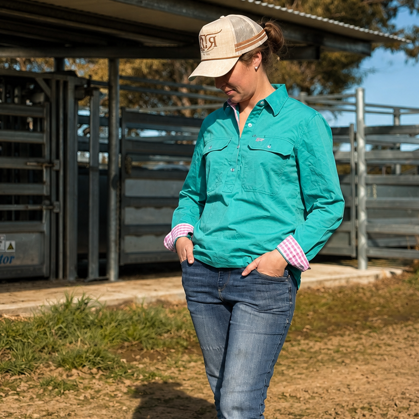 Half Button Long Sleeve Work Shirt Light Weight - Teal