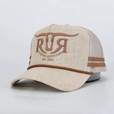 A beige trucker cap with a curved brim, featuring a brown embroidered logo on the front that reads 'RR Country Outfitters' and a matching brown stripe detail on the side mesh.