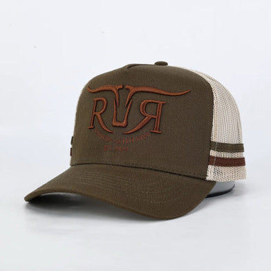 An olive green trucker hat with a curved brim, featuring an embroidered brown 'RR' logo on the front and beige mesh back panels with brown stripes.
