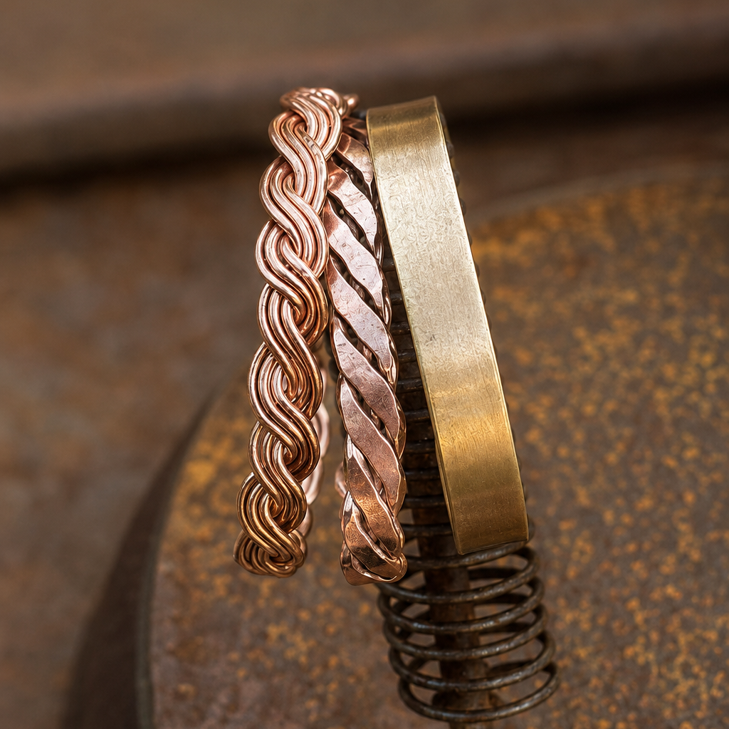 Three metal cuff bracelets in different textures and finishes displayed on a spring ring stand against a rustic, textured brown background.