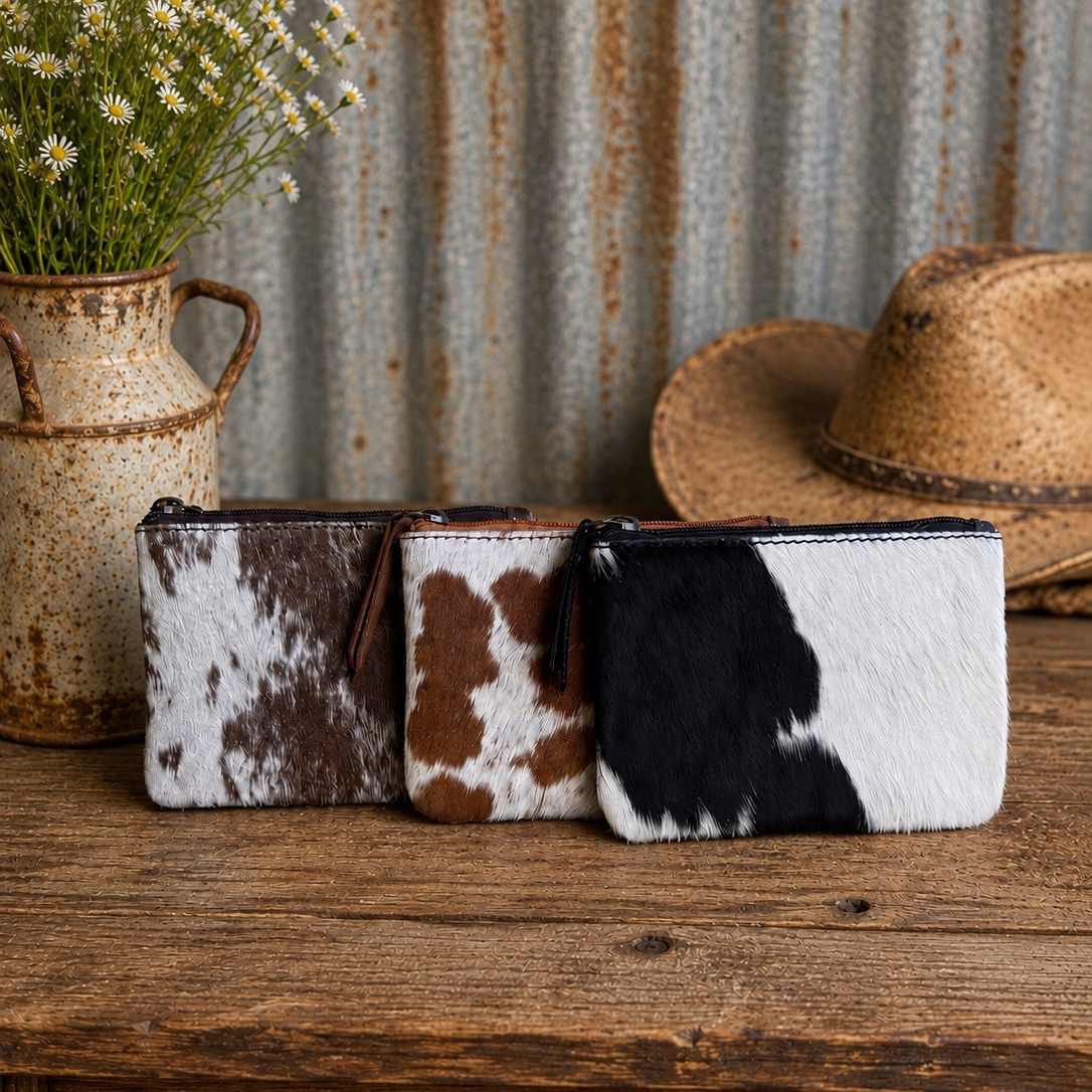 Three cowhide patterned pouches on a wooden surface with a rustic background.