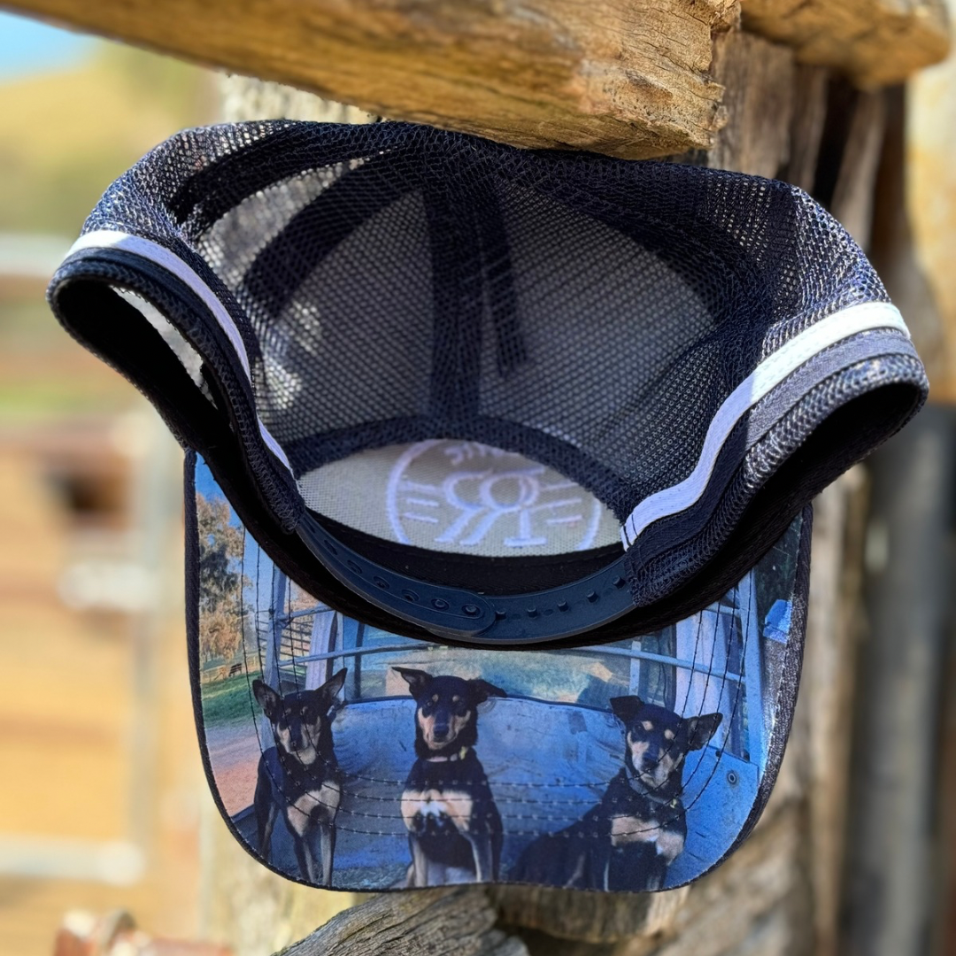 Trucker cap with a photo of three farm dogs under the brim
