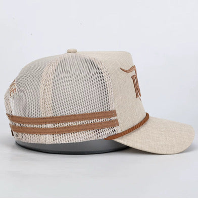 A beige trucker-style cap with a mesh back, tan leather-like trim, and a brown embroidered longhorn logo on the side, displayed on a white background.
