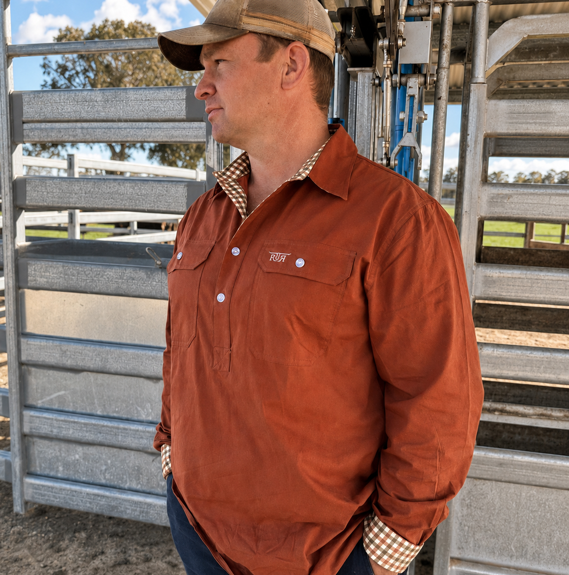 Half Button Long Sleeve Work Shirt Light Weight - Rust