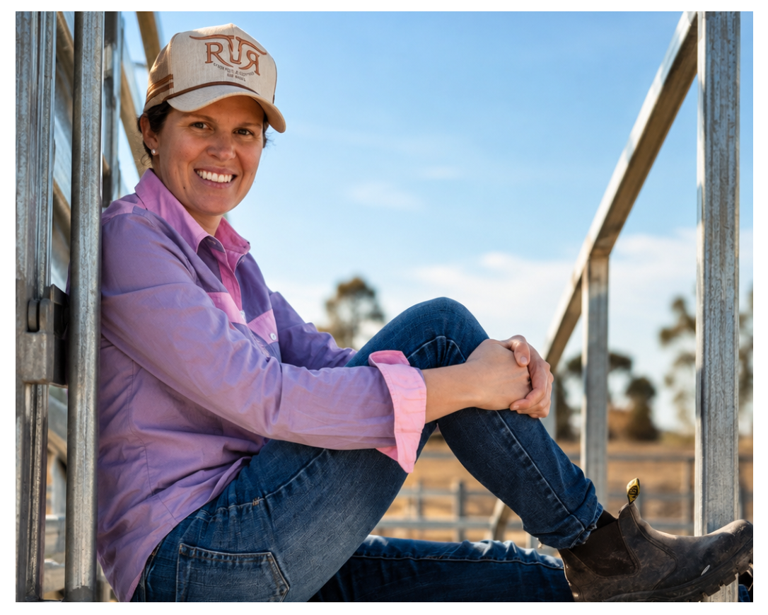 A smiling woman sits on metal outdoor steps wearing a beige cap with 'Rust' embroidered on it, a lavender and pink long-sleeve shirt, blue jeans, and brown boots.