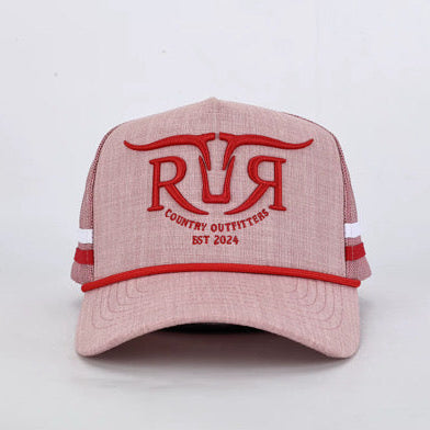 A light pink trucker hat with red embroidered lettering on the front that reads 'RR COUNTRY OUTFITTERS EST 2024', featuring a red stripe on the brim and white stripes on the side panels.