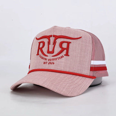 A dusty pink trucker cap with red embroidered lettering on the front and a white stripe on the side, displayed on a light gray background.