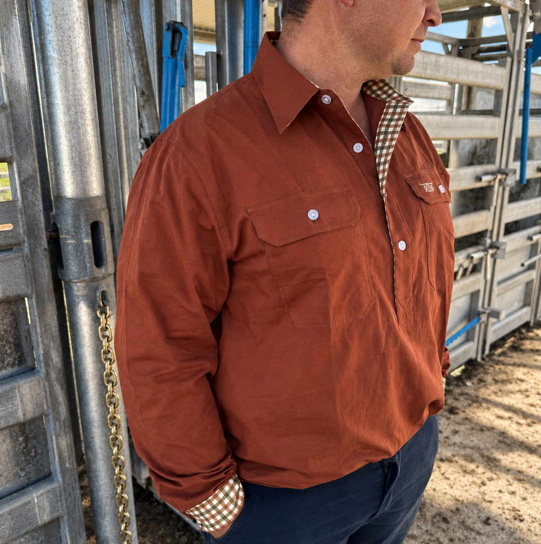 Half Button Long Sleeve Work Shirt Light Weight - Rust