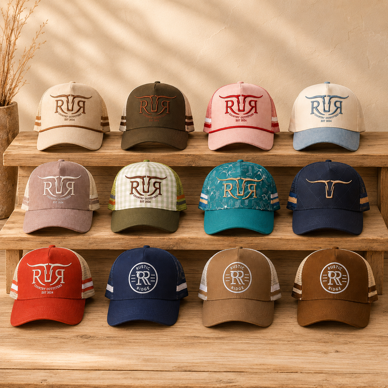 Twelve trucker-style baseball caps with western 'RR' graphics are arranged on three wooden display shelves against a warm beige wall. The hats come in multiple colors including beige, brown, pink, cream, taupe, teal, navy, red, and tan, with some featuring striped side panels and mesh back straps.