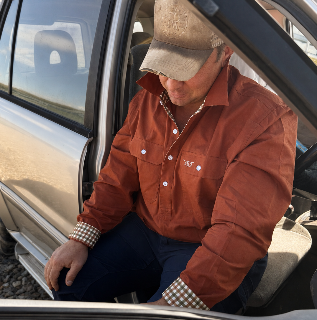 Half Button Long Sleeve Work Shirt Light Weight - Rust