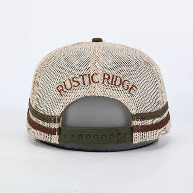 Rustic Ridge snapback trucker hat shown from the back, featuring a beige mesh crown with brown embroidered lettering, olive green and brown stripes on the brim, and an olive green adjustable strap.