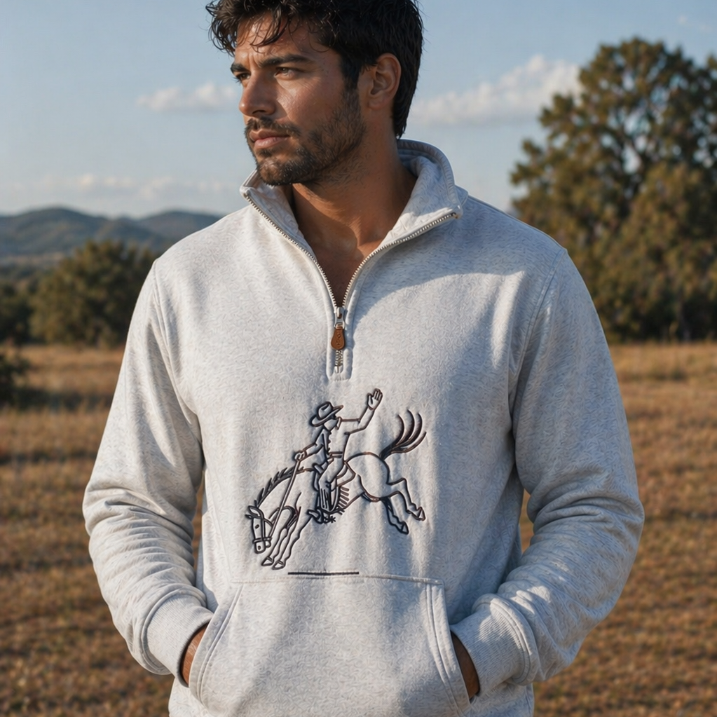 Man wearing a light gray sweatshirt with a graphic design of a person on a horse in a field.