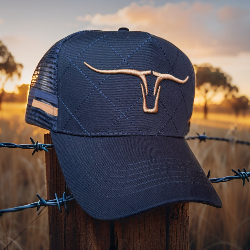 Navy blue cap with a logo on a wooden post against a sunset landscape
